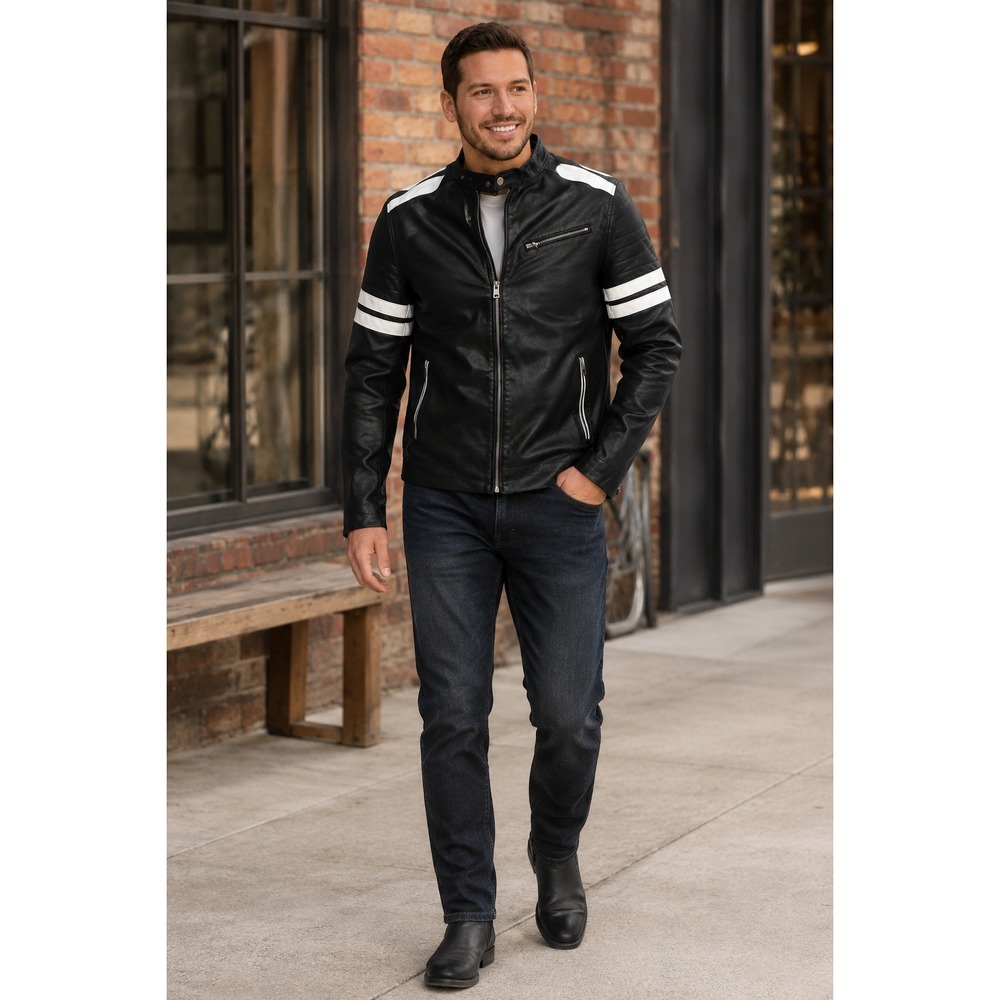 Xray Jeans Mens Black Faux Leather Moto Cafe Racer Jacket White Stripes Size L